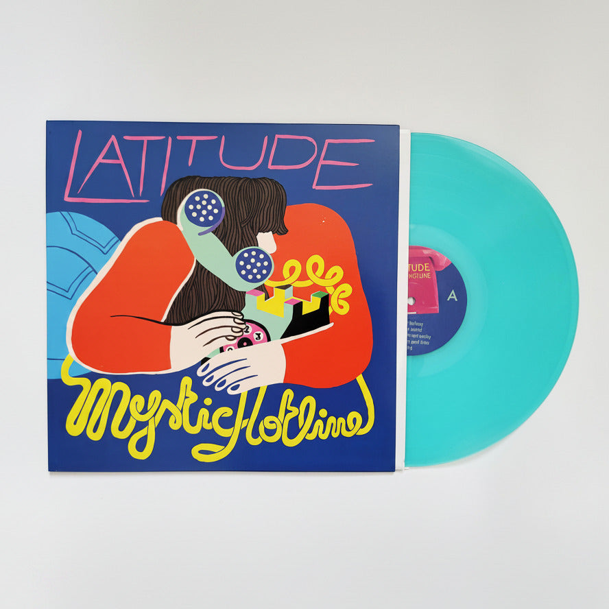 Vinyl record with colorful cover featuring a person on a phone call, titled 'Latitude Mystic Hotline'.